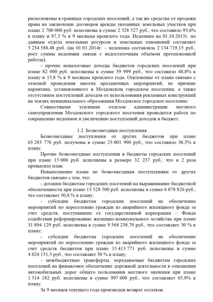 Постановление от 12.10.2015 № 1436 Об исполнении бюджета муниципального образования - Моздокское городское поселение за 9 месяцев 2015 года